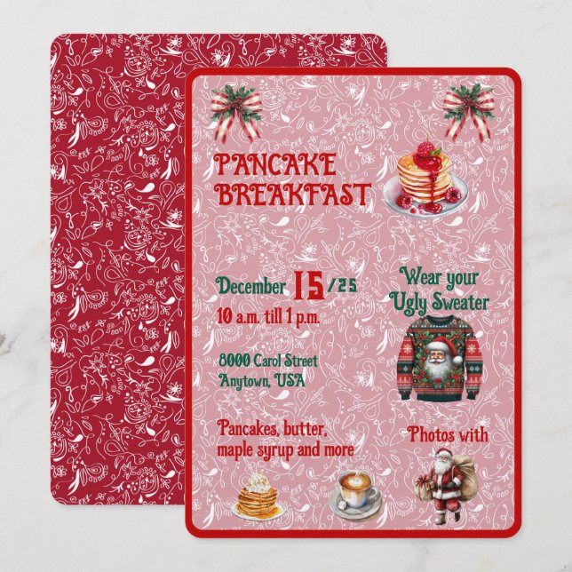 Invitación Desayuno de Panqueques de Navidad Rojo y Verde (Anverso / Reverso)