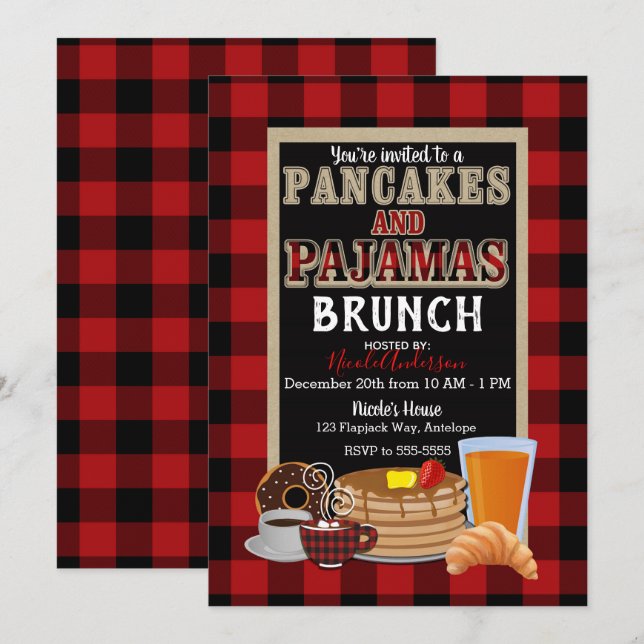 Invitación Desayuno de Panqueques y Pijamas Plaid Rojo de Búf (Anverso / Reverso)