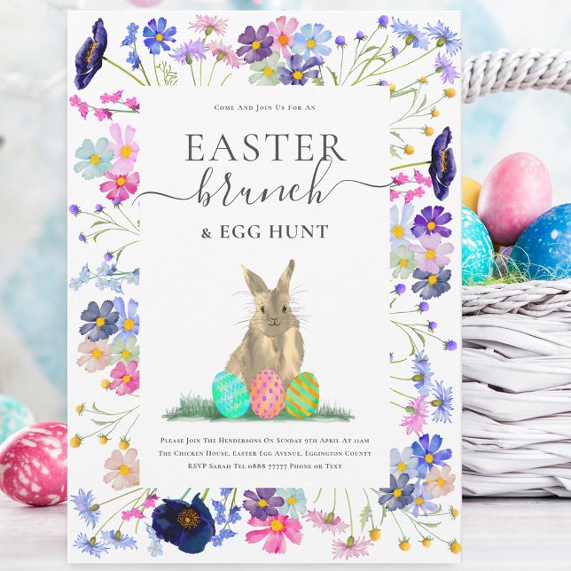 Invitación Desayuno de Pascua y búsqueda de huevos (Easter bunny egg hunt and wildflower spring party invitation Watercolor wildflowers)