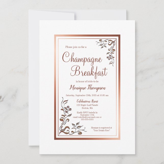 Invitación Desayuno de Rosa Gold Floral Border Bridal Champag (Anverso)