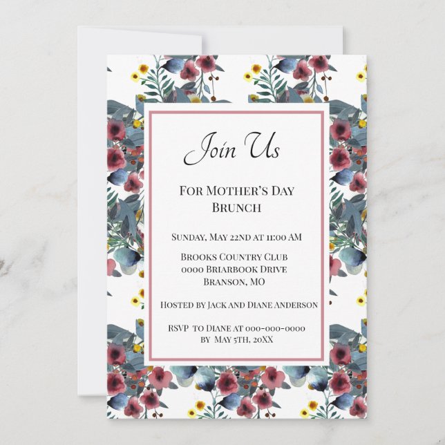 Invitación Desayuno del Día de la Madre con flores azules pol (Anverso)