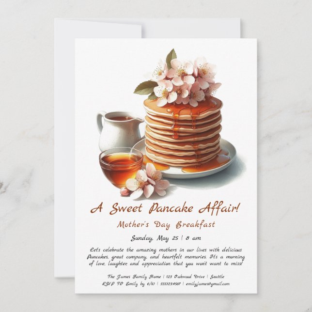 Invitación Desayuno del Día de la Madre, Panqueques, flor de  (Anverso)