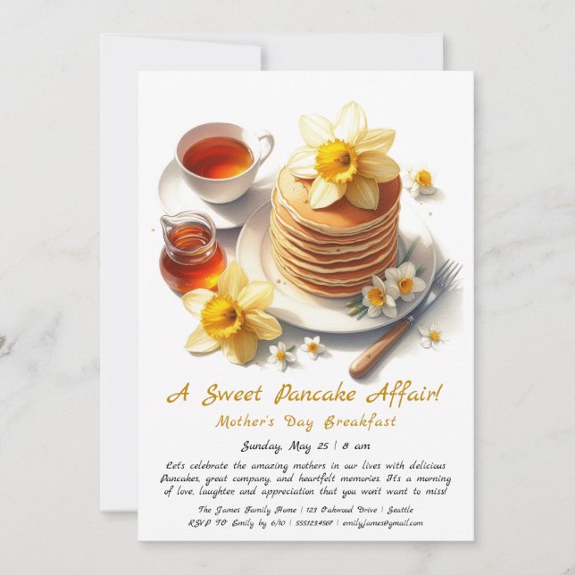 Invitación Desayuno del Día de la Madre – Panqueques y Narcis (Anverso)