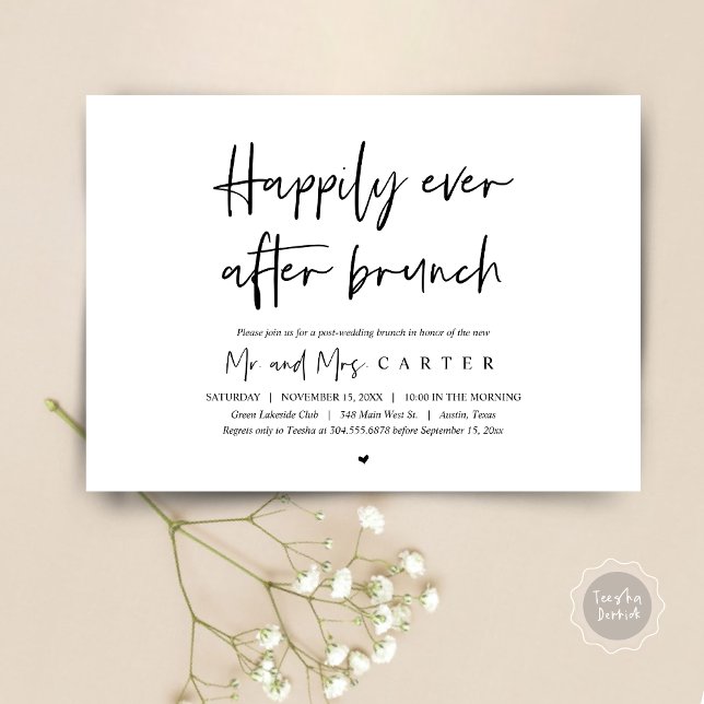 Invitación Desayuno dominical feliz para siempre, después de  (Happily Ever After Brunch Invitation Card, Post wedding, Modern Script, Timeless Black and White)