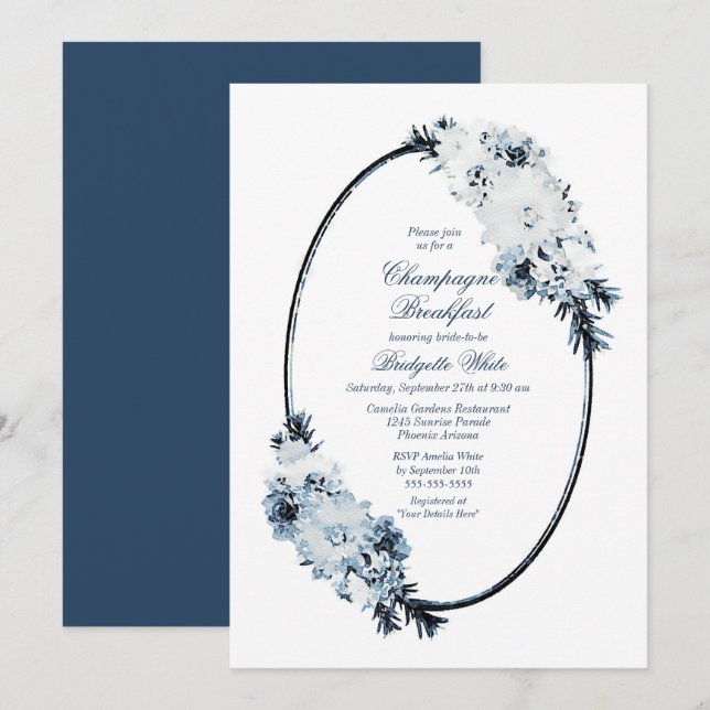 Invitación Desayuno Elegante Blue Floral Champagne (Anverso / Reverso)