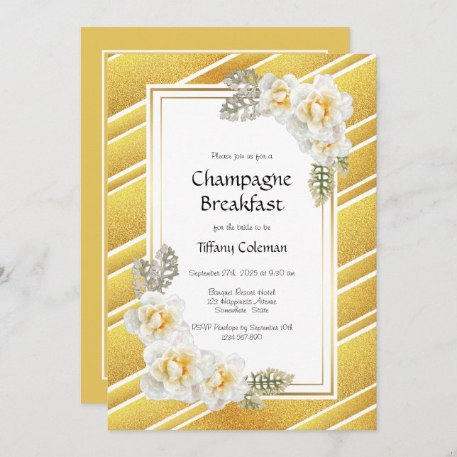 Invitación Desayuno elegante con flores de oro con champán (Anverso / Reverso)