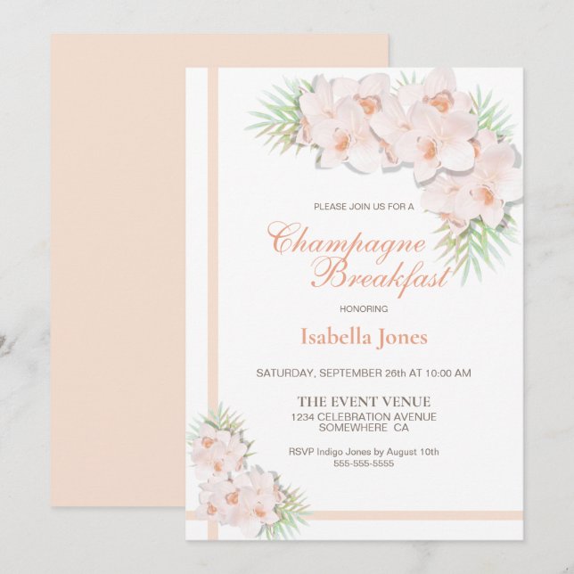 Invitación Desayuno elegante Rubor Pink Floral Champagne (Anverso / Reverso)