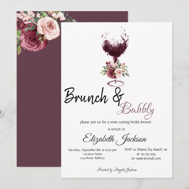 Invitación Desayuno floral con copa de vino y brindis con bur (Anverso / Reverso)