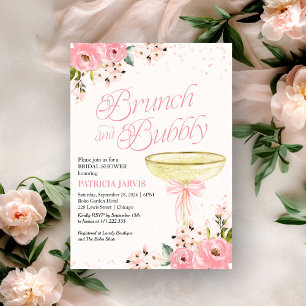 Invitación Desayuno floral de lazo rosa y brindis con champag