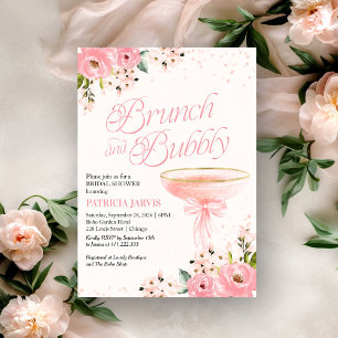 Invitación Desayuno floral de lazo rosa y brindis con champán