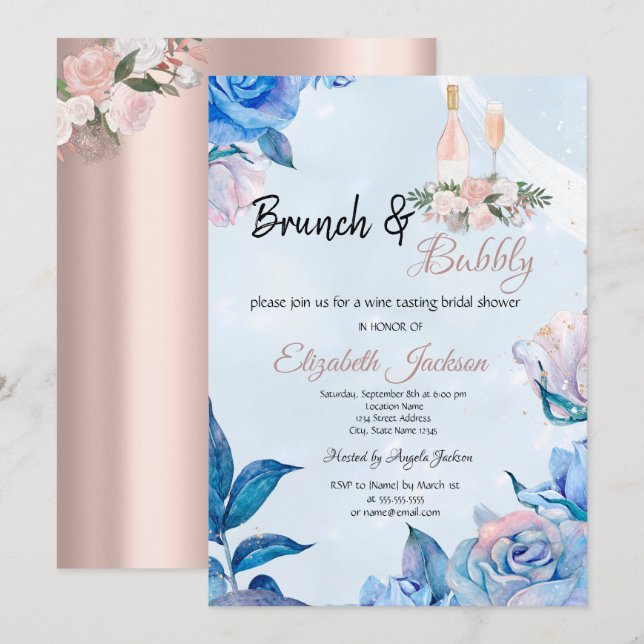 Invitación Desayuno floral y brindis azul para la novia (Anverso / Reverso)