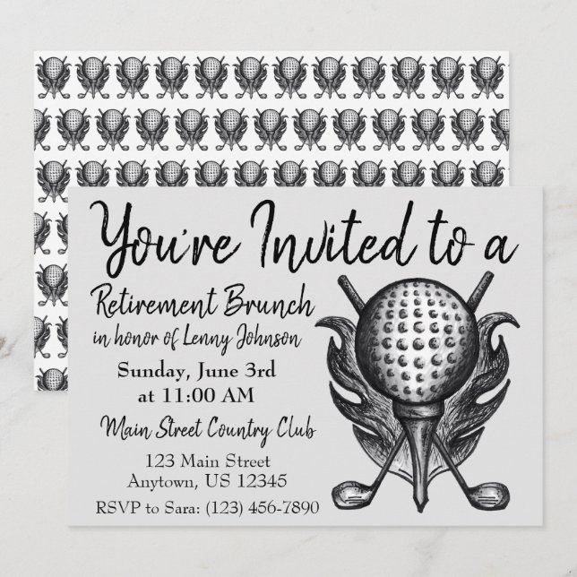 Invitación Desayuno Jubilado Brunch Golf Ball Clubs Tee (Anverso / Reverso)