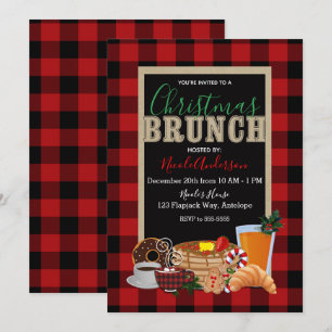 Invitación Desayuno Navideño Plaid Búfalo Rojo Rústico
