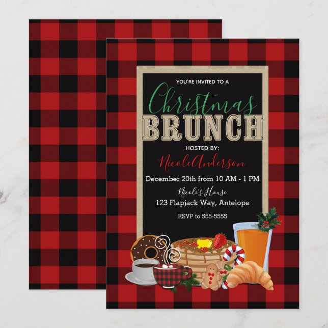 Invitación Desayuno Navideño Rustico Cuadro Escocés Rojo Negr (Anverso / Reverso)