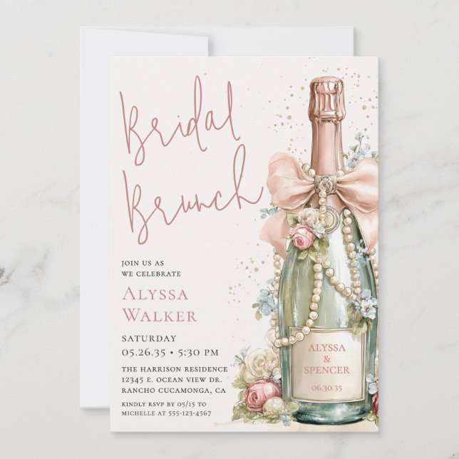 Invitación Desayuno nupcial con perlas y prosecco (Anverso)