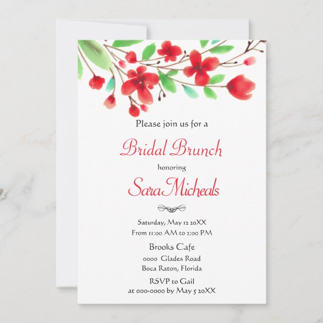Invitación Desayuno nupcial de flores de cerezo rojas acuarel (Anverso)