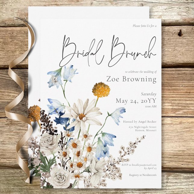 Invitación Desayuno Nupcial de Flores Silvestres Azules Rústi (Rustic Blue Wildflowers & Daisies Bridal Brunch Invitation)