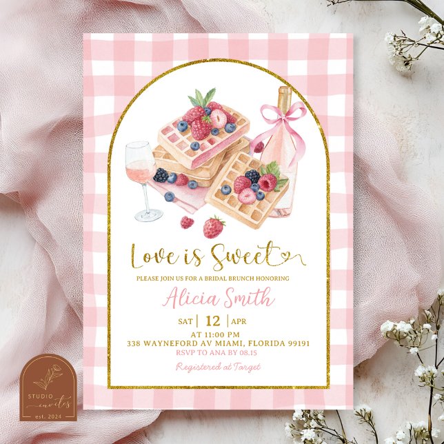 Invitación Desayuno nupcial de waffle con lazo de gingham ros (Subido por el creador)