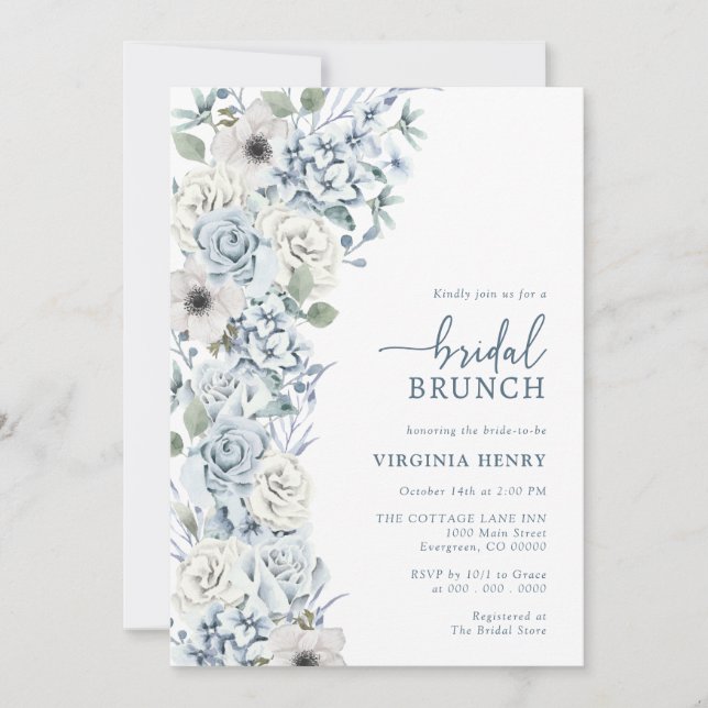 Invitación Desayuno Nupcial Floral Azul (Anverso)