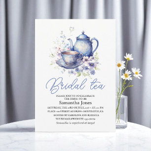 Invitación Desayuno Nupcial Floral Chinoiserie Tetera Azul