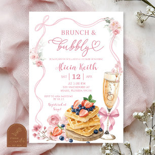 Invitación Desayuno nupcial floral con lazo rosa y burbujas