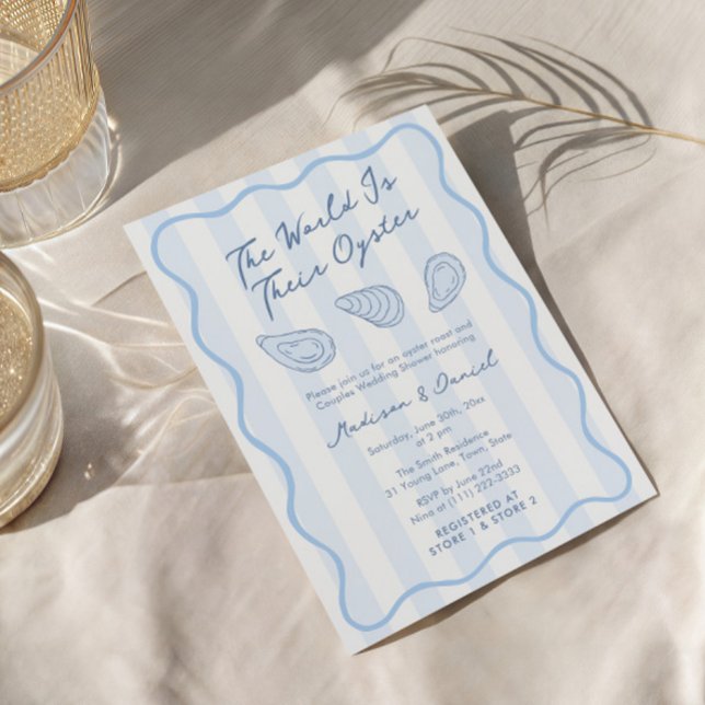 Invitación Desayuno Nupcial para Parejas con Desfile de Ostra (The world is their oyster trendy hand-drawn blue and white couples wedding shower invitation)