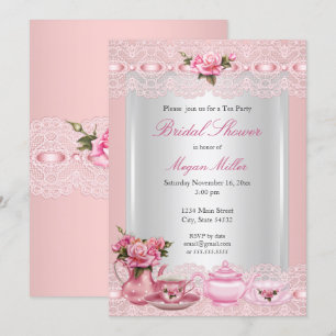 Invitación Desayuno Nupcial Rosas Rosadas Pretty Fiesta de Té