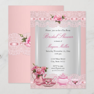 Invitación Desayuno Nupcial Rosas Rosadas Pretty Fiesta de Té