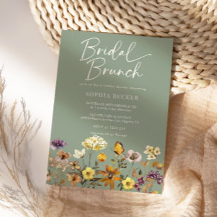 Invitación Desayuno nupcial verde salvia con flores silvestre