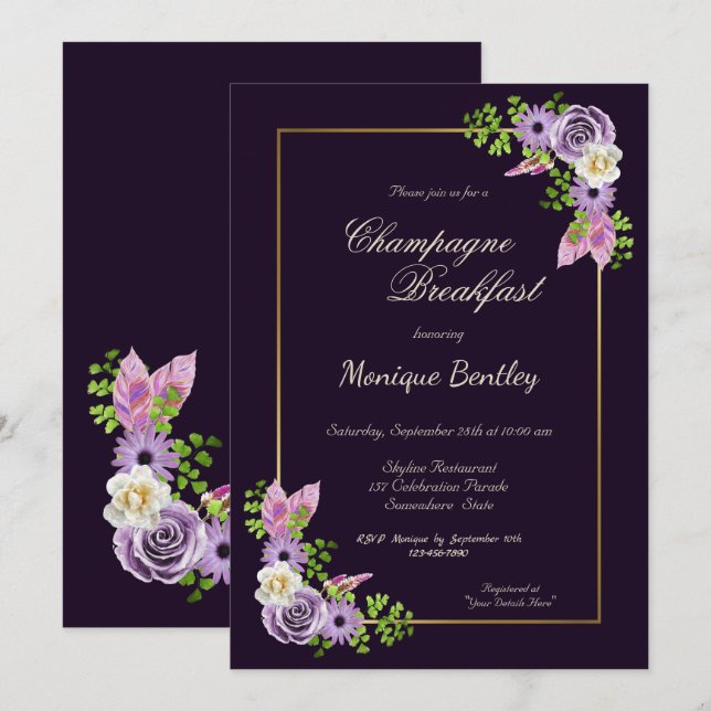 Invitación Desayuno Purple Floral Gold Border Champagne (Anverso / Reverso)