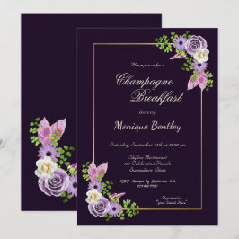 Invitación Desayuno Purple Floral Gold Border Champagne