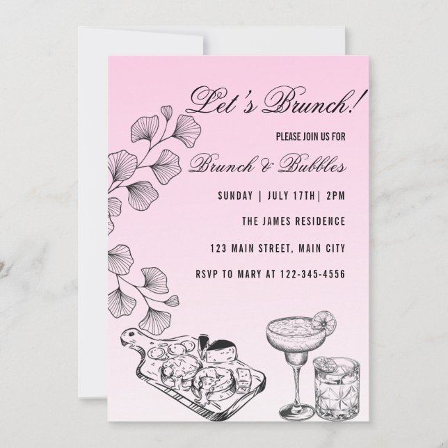 Invitación Desayuno Rosa Deja Brunch, Brunch Y Burbujas (Anverso)