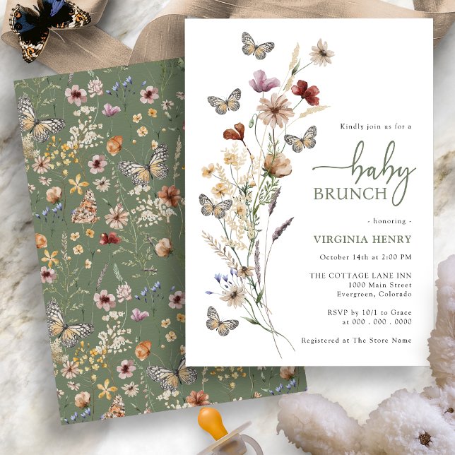 Invitación Desayuno Salvaje Boho de Bebé con Flores Silvestre (Sage Green Boho Wildflower Baby Brunch Invitation with Butterflies by Painted Paperie
)