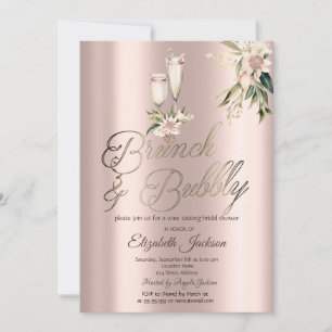 Invitación Desayuno Tardío y Burbujas Flores Rosadas Vino Des