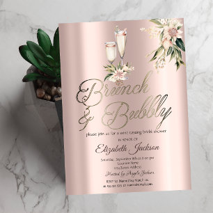 Invitación Desayuno Tardío y Burbujas Flores Rosadas Vino Des