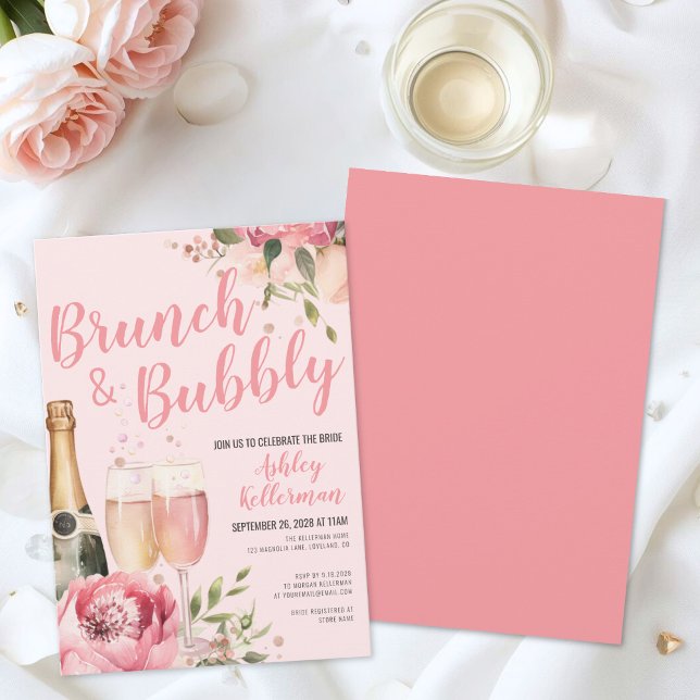 Invitación Desayuno Tardío y Burbujas: Lluvia de Flores para  (Brunch And Bubbly Floral Bridal Shower Invitation)
