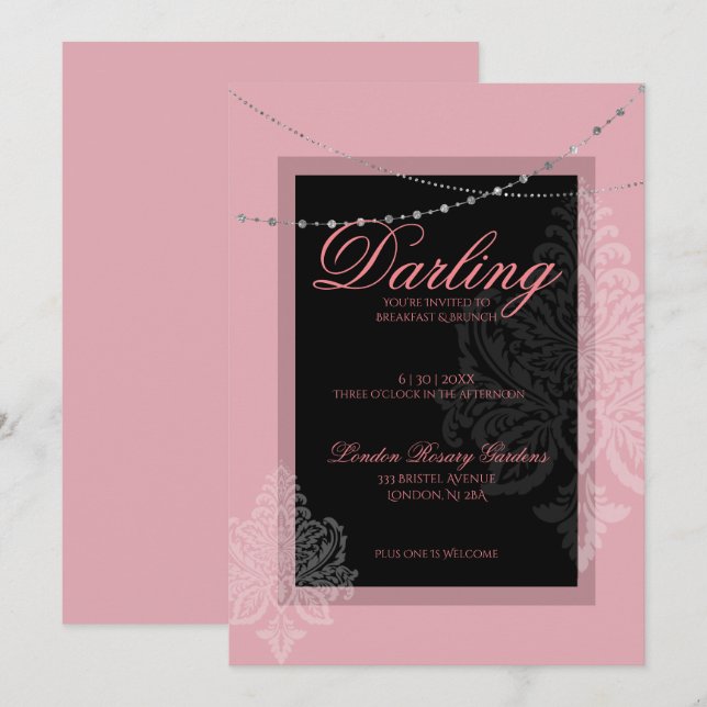 Invitación Desayuno y brunch rosa y negro (Anverso / Reverso)