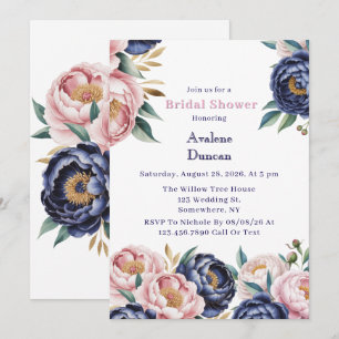 Invitación Desayuno y burbujas de peonía rosa y azul marino