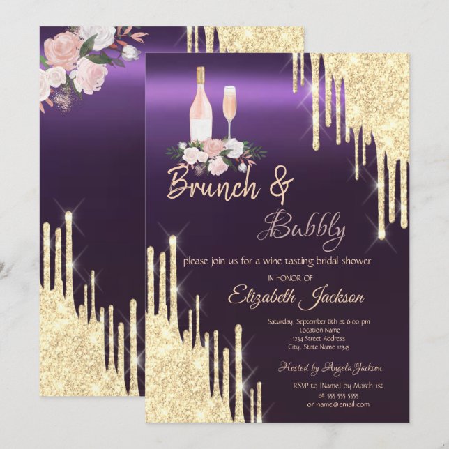 Invitación Desayuno y burbujas Gold Drips Despedida de solter (Anverso / Reverso)