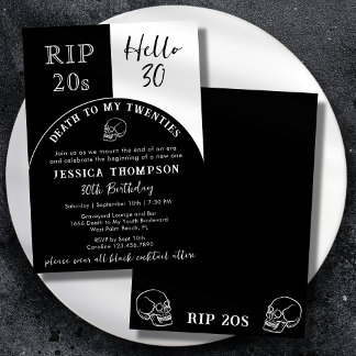 Invitación Descansa en paz 20s Hola 30 Lápida Calavera Cumple