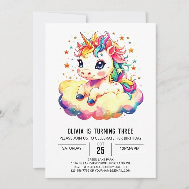 Invitación Descanso de cumpleaños de Unicornio Digital (Anverso)