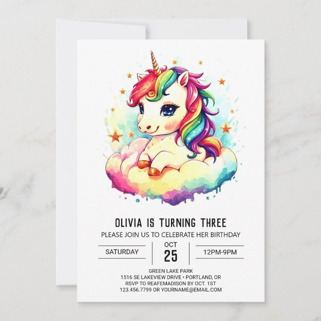 Invitación Descanso de cumpleaños de Unicornio Digital (Anverso)
