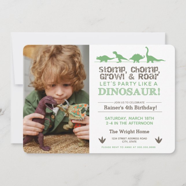 Invitación Descarga de dinosaurios de cumpleaños Stomp ROAR (Anverso)