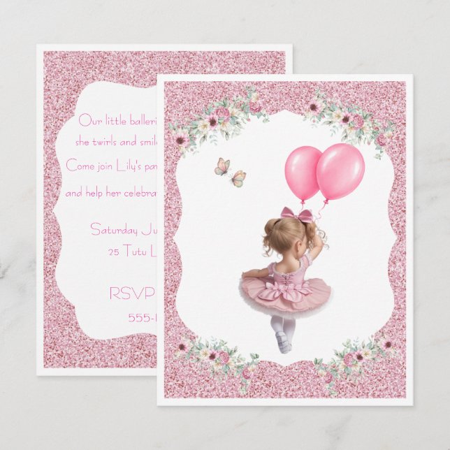 Invitación Descarga digital cumpleaños 3 bailarina de ballet (Anverso / Reverso)