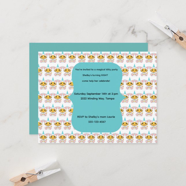 Invitación Descarga Digital Cumpleaños de Kitty Unicornio par (Anverso/Reverso In Situ)