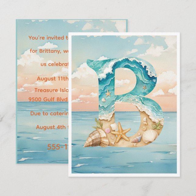 Invitación Descarga digital de cumpleaños con tema de playa (Anverso / Reverso)