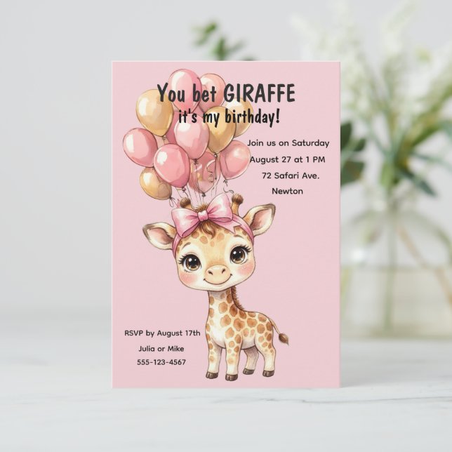 Invitación Descarga digital de fiesta de jirafa para niñas (Anverso de pie)