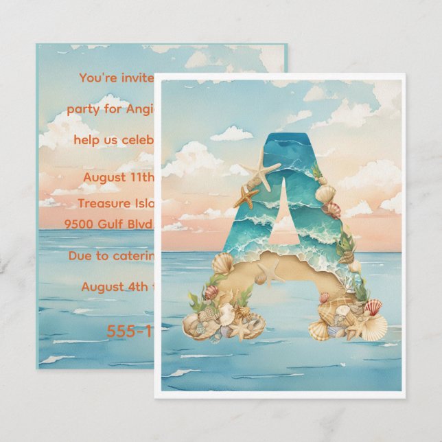 Invitación Descarga digital de tema de playa para cumpleaños  (Anverso / Reverso)