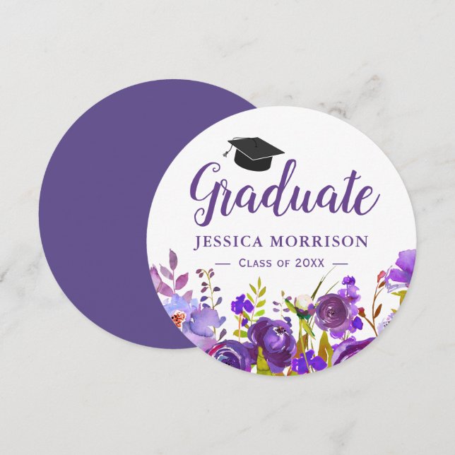 Invitación (descarga digital) Graduación Violet Purple Floral (Anverso / Reverso)