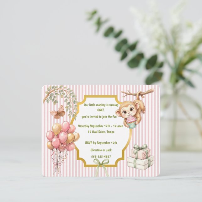 Invitación Descarga digital para cumpleaños de monito (Anverso de pie)